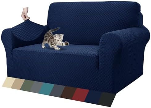 ZNSAYOTX 1 Piece Jacquard Couch Covers for 2 Cushion Couch High Stretch Loveseat Slipcover for Pets Dogs Anti Slip Love Seat Sofa Slipcover Furniture Protector (Loveseat, Navy Blue) by ZNSAYOTX