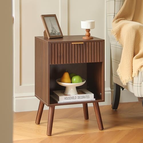 Fultyle Walnut Nightstand, Fluted Bedside Table with Drawer and Open Shelf - Image 2
