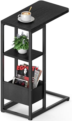 C Shaped End Table, Small Side Table for Couch, Recliner, Slide Under Sofa Tray Desk Snack Tables with Storage Bag for Living Room,Bedroom, Small Spaces - Black by designyourhome