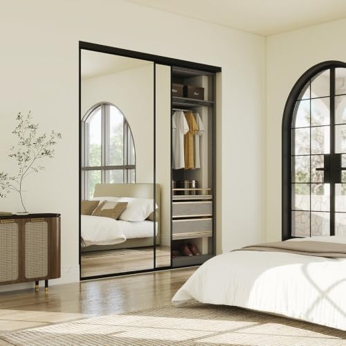 JUBEST 60x80 Mirrored Closet Door, 2-Panels Steel Frame Sliding Mirror Door Top & Bottom Track Kits, One Side Full-Sized Mirror with Safety Backing, Easy to Install, Black by JUBEST