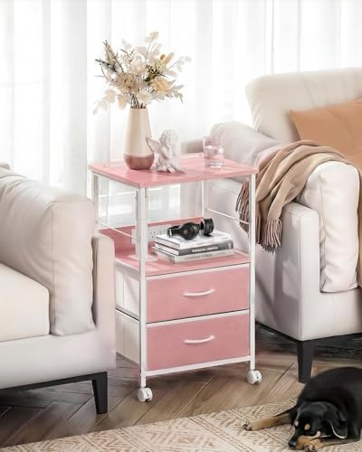 Faesun Swivel Lift Top Nightstand with Charging Station, Rolling Side Table for Recliner, Bedside Table with Wheels & 2 Fabric Drawers, for Small Spaces, for Bedroom, Living Room, Pink - Image 2