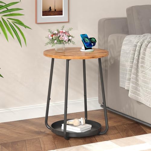 sthmec Small Round Side End Table with Storage, 2 Tier Round Bedside Sofa Couch Coffee Tables with Tray, Metal Nightstand for Small Spaces, Living Room Bedroom, Rustic Brown - Image 6