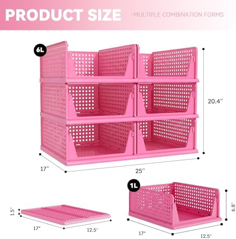Pink Girl Closet Organizers and Storage Stackable Plastic Drawer Basket for Clothing Stackable Storage Bins Shelf Storage Container for RV Closet Wardrobe Bedroom Bathroom Playroom 6 Pack - Image 3