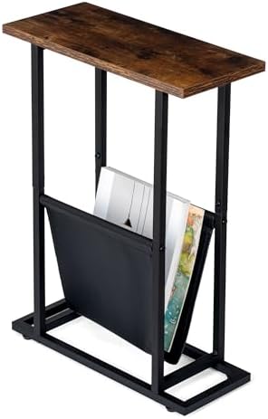 FLYJOE Narrow Side Table with PU Leather Magazine Holder Rustic Slim Little Thin Table for Living Room, Bedroom, Sofa, Rustic Brown by FLYJOE