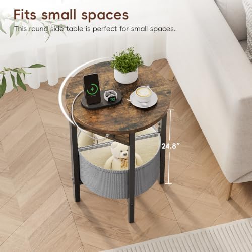Vagusicc Round Side Table with Charging Station, Round End Table with Fabric Basket, Accent Table Coffee Table, Set of 2 Half Moon Tables, Bedside Table, Modern LED Nightstand for Living Room, Brown - Image 4