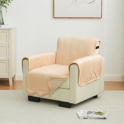 Great Bay Home Velvet Chair Cover - Washable Slipcover Furniture Protector with Elastic Straps - Furniture Cover for Dogs, Kids, and Pets - Stitched Detail (Peach) by GreatBayHome