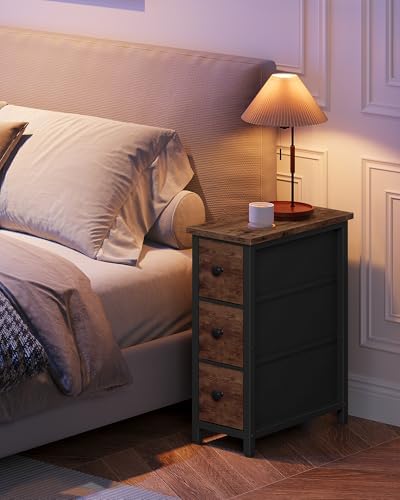 CHOEZON Narrow Side Table with 3 Fabric Drawers, Industrial Slim Bedside Table for Small Spaces, Bedroom, Living Room, Dormitory, Rustic Brown and Black TBZ09BF - Image 2