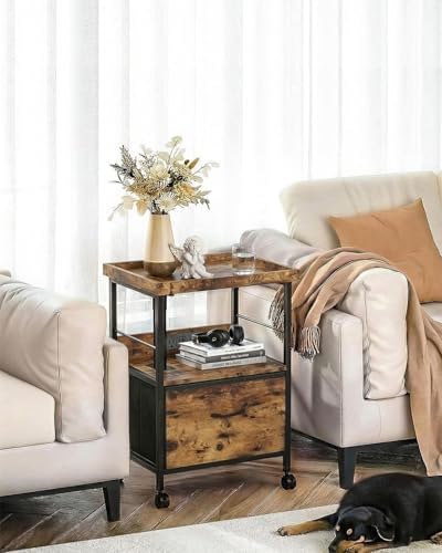 Faesun Swivel Lift Top Nightstand with Charging Station, Rolling Night Stand with Fabric Drawer, Adjustable Bedside Table for Bedroom, Living Room, Brown, Pro - Image 2