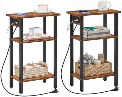 HOOBRO Narrow Side Table, Set of 2, 3-Tier Slim End Table with Charging Station, Skinny Nightstand with Open Storage, for Small Spaces, Living Room, Bedroom, Study, Rustic Brown and Black BF340UBZP201 - Image 4