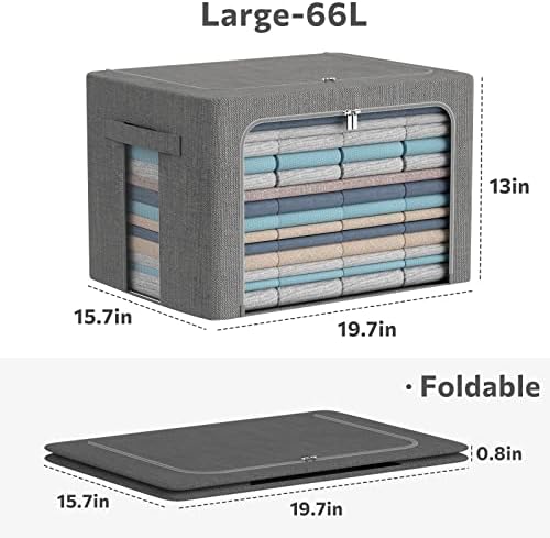 CYhom 3Pack Foldable Storage Bins - Frame Storage Box Linen Fabric Stackable Clothes Container Organizer with Clear Window & Carry Handles Large Capacity (Large-66L, Dark Gray) - Image 6