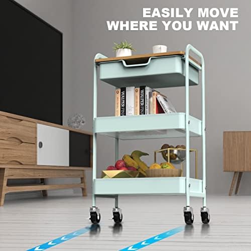 3 Tier Rolling Cart, Utility Cart with Drawer& Table Top, Mint Green - Image 5