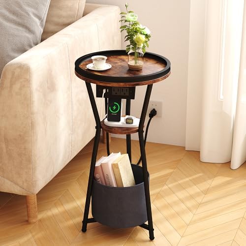 Yusong Round Side Table with Charging Station, Small Drink Table for Small Spaces, 3-Tier Industrial End Table, Accent Nightstand Bedside Table for Living Room, Bedroom, Sofa Couch, Rustic Brown by Yusong