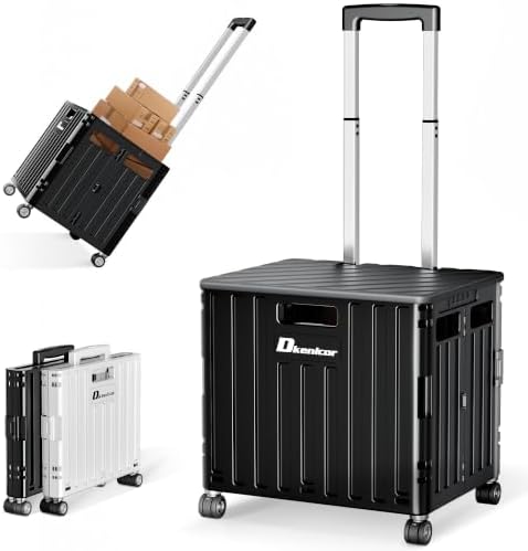 Folding Utility Cart, Portable Rolling Crate Handcart Collapsible Shopping Trolley with Lid, Foldable Tool Box Basket with 4 Rotate Wheels for Grocery, Office, Luggage, School - Black by Dkenicor