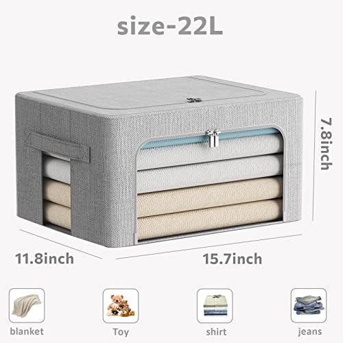 FHSQX 2 Pack Clothes Storage Bins Stackable Metal Frame Storage Box Foldable Linen Fabric Organizer with Carrying Handles and Clear Window (Light Gray, 15.7x 11.8x 7.8Inch) - Image 4