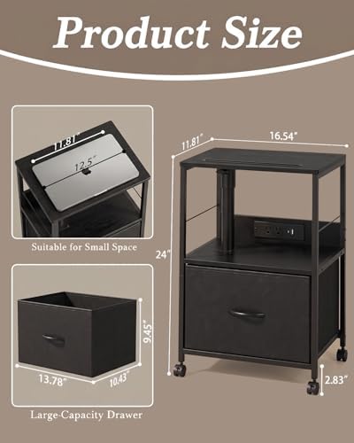 Faesun Swivel Lift Top Nightstand with Charging Station, Rolling Side Table for Recliner, Bedside Table with Wheels & a Fabric Drawer, for Small Spaces, for Bedroom, Living Room, Black - Image 2
