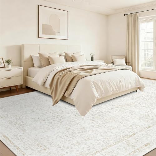 10x14 Area Rugs for Living Room: Washable Large Vintage Floral Rug Low Pile Non-Slip Boho Carpet for Bedroom Home Office Dining Room (FloralBeige, 10'x14') - Image 4