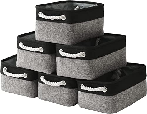 TheWarmHome Storage Basket for Organizing - 12x8x5.2 inch Small 6 Pack Collapsible Storage Bin for Shelves with Rope, Fabric Storage Cubes for Cloth Gift Toy Decorative Organizer (Black & Grey) by TheWarmHome