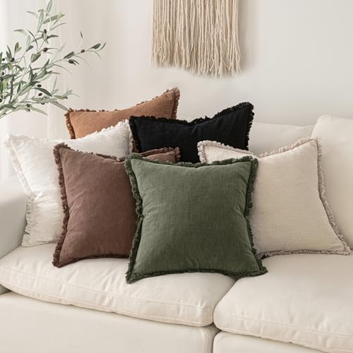 MIULEE Linen Fringe Decorative Fall Euro Pillow Covers Dark Coffee 22x22 - Image 6