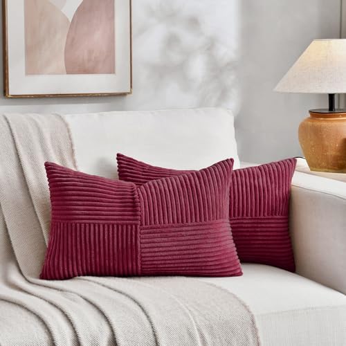 Fancy Homi 2 Packs Burgundy Long Lumbar Decorative Throw Pillow Covers 16x24 Inch for Couch Bed Sofa, Rustic Farmhouse Boho Home Decor, Soft Striped Corduroy Rectangle Accent Cushion Case 40x60 cm - Image 5