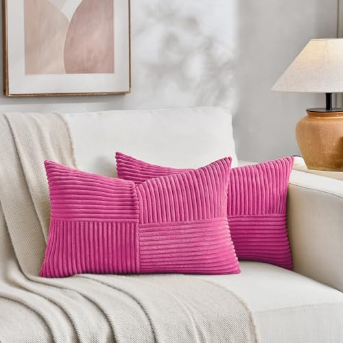 Fancy Homi 2 Packs Hot Pink Lumbar Decorative Throw Pillow Covers 12x20 Inch for Living Room Couch Bed Sofa, Rustic Farmhouse Boho Home Decor, Soft Striped Corduroy Rectangle Accent Cushion Case - Image 5