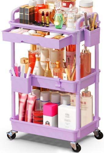 SUNALLY Makeup Cart Organizer with Drawer,3 Tier Rolling Makeup Cart,Purple by SUNALLY
