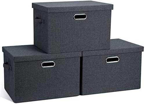 Graciadeco Large 17" 36 Quart Collapsible Stackable Storage Bins with Lids, 3 Packs Dark Gray Foldable Fabric Closet Storage Boxes with Lids, Heavy-duty Linen Cube Baskets(17x12x11) by GraciadecoStorage