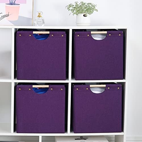 HOONEX Large Collapsible Storage Bins, Linen Fabric, Pack of 2, Storage Baskets with Wooden Carry Handles and Sturdy Heavy Cardboard, for Home, Office, Car, Nursery, Dark Purple - Image 4