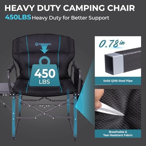 FUNDANGO Oversized Folding Chairs for Outside, Fully Padded Camping Director Chair for Adults, Support 450lbs Portable lawn chairs with Side Table, Side Pockets for outdoor Camp, Picnic, Lawn, Concert - Image 6
