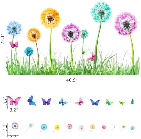Colorful Floral Flower Dandelion Butterfly Wall Decals Stickers Decor Art | Removable butterflies spring grass wall decor stickers mural - nature art for living room bedroom nursery kids room classroom - Image 2