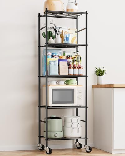 Sakugi 5-Tier Storage Shelves 18.1x12.6x58.7 Black with Wheels - Image 2