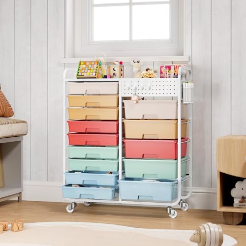 14 Drawer Rolling Storage Cart with Tabletop and Pegboard for Craft Color - Image 2