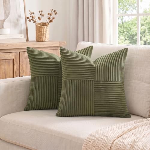 Fancy Homi 2 Packs Olive Green Decorative Throw Pillow Covers 22x22 Inch for Living Room Couch Bed Sofa, Rustic Farmhouse Boho Home Decor, Soft Corss Corduroy Patchwork Accent Cushion Case 55x55 cm - Image 7