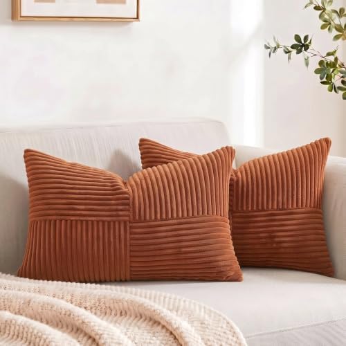 Fancy Homi 2 Packs Rust Lumbar Decorative Throw Pillow Covers 16x32 Inch for Couch Bed Sofa, Rustic Farmhouse Boho Home Decor, Soft Striped Corduroy Rectangle Accent Terracotta Cushion Case 40x80 cm by Fancy+Homi