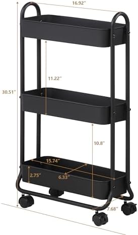 SunnyPoint Slim Rolling Storage Cart, 3 Tier Bathroom Storage Organizer Bathroom, Laundry Utility Cart (Black) - Image 6