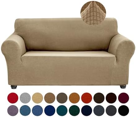 Joccun Stretch Loveseat Couch Cover Slipcover, 1-Piece Sofa Cover for 2 Cushion Couch Spandex Jacquard Washable Furniture Protector Cover for Living Room,Kids,Pets（Loveseat,Tan） by Joccun