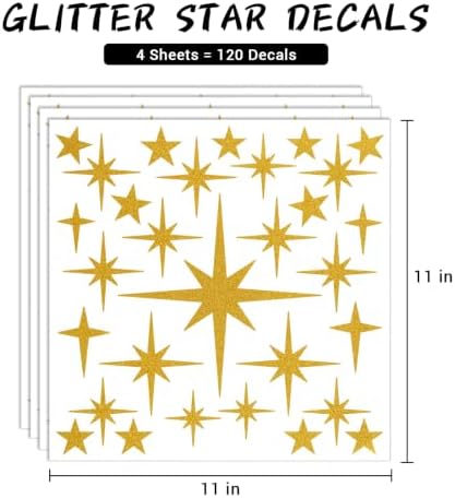 120 Pcs Glitter Gold Star Wall Decals | Retro Starburst Decor, Assorted Shapes & Sizes, Peel and Stick - Image 2
