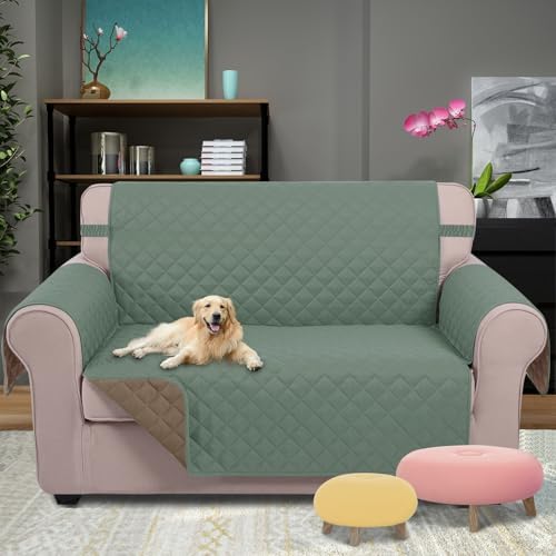 U-NICE HOME Loveseat Sofa Cover for 2 Cushion Couch, Greyish Green/Taupe - Image 2