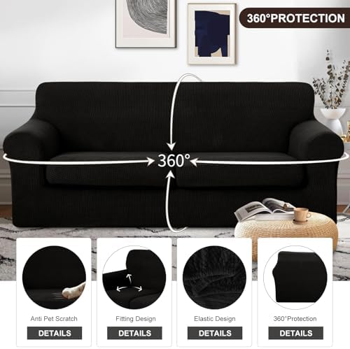 U-NICE HOME 3 Pieces Stretch Couch Cover Sofa Slipcover, Black - Image 4