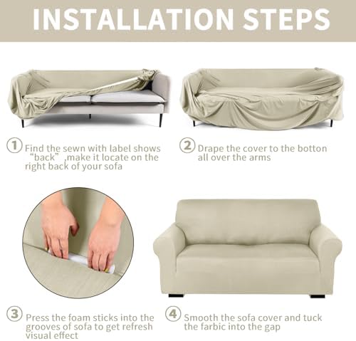 Peryiter 3 Pcs Couch and Loveseat Sofa Covers,Beige,Milk Silk - Image 3