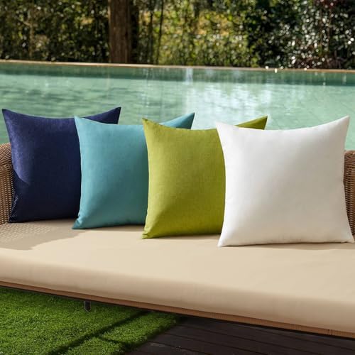 MIULEE Pack of 4 Decorative Outdoor Throw Pillow Covers Linen Waterproof Pillow Covers Summer Farmhouse Cushion Cases for Patio Garden Tent Balcony Couch Sofa 16x16 Inch Blue Green by MIULEE