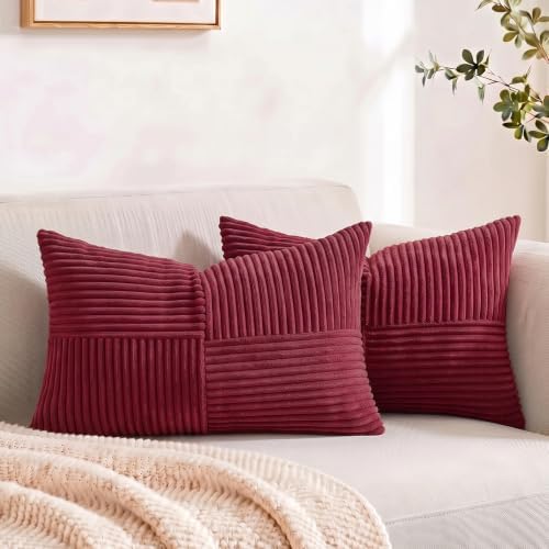 Fancy Homi 2 Packs Burgundy Long Lumbar Decorative Throw Pillow Covers 12x24 Inch for Couch Bed Sofa, Rustic Farmhouse Boho Home Decor, Soft Striped Corduroy Rectangle Accent Cushion Case 30x60 cm by Fancy+Homi