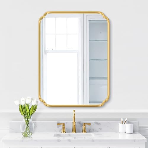 Ferytange 28"x36" Gold Bathroom Mirror with Rustproof Metal Frame, Modern Rounded Corner Wall Mirror for Vanity Over Sink, Horizontal/Vertical Hanging by FerytangeHome