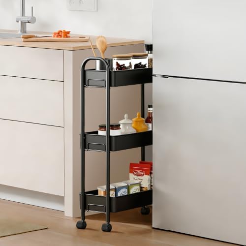 Slim Rolling Cart, Metal Frame Utility Rolling 3-Tier Narrow Storage Cart - Image 3