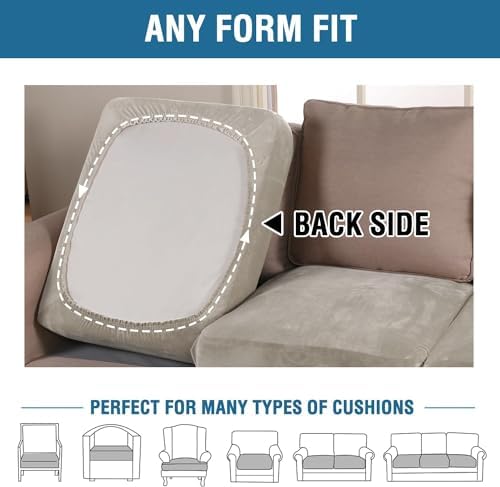 H.VERSAILTEX Velvet Stretch Couch Cushion Cover Plush Cushion Slipcover for Chair Loveseat Sofa Cushion Furniture Protector Seat Cushion Sofa Cover (3 Piece Sofa Cushion Covers, Oatmeal) - Image 5