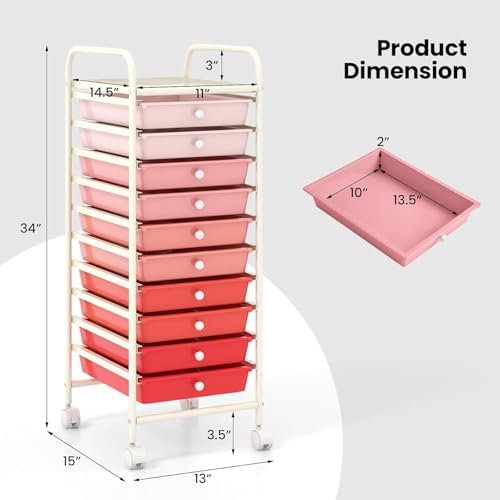 10-Drawer Rolling Storage Cart, Trolley w/Lockable 360° Wheels, 10 Removable PP Drawers, Sturdy Metal Frame, Rolling Utility Cart Perfect for Home, Office, Classroom (Mixed Pink) - Image 2