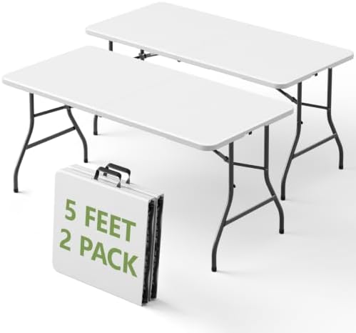 5FT Folding Table 2 Pack,Heavy Duty Plastic Foldable Tables with Carry Handles,Fold-in-Half Portable Utility Tables with Steel Legs for Party,Wedding,Banquet,Camping,Picnic,Event,Indoor Outdoor,White by FoldingFurniture