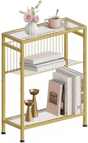 Glass Side Table, Tempered Glass End Table, 3-Tier Narrow Side Table with Magazine Holder, Small Nightstand with Modern Style, Skinny Snack Table in Living Room, Bedroom Study and Balcony, Gold by HOME