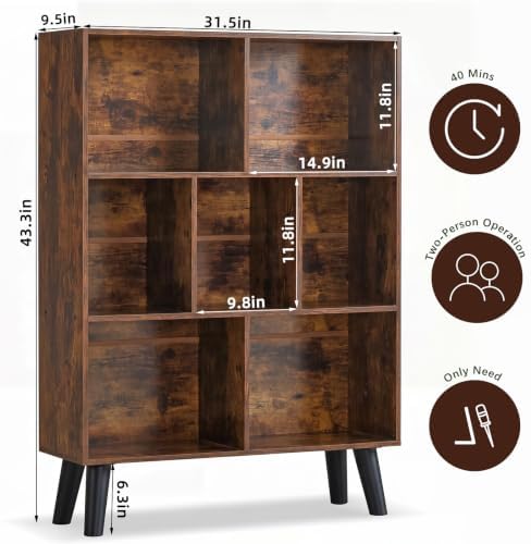 YAHARBO Brown Bookshelf,3 Tier Book Shelf with Legs, 7 Cube Minimalist Bookcase,Storage Organizer Shelves Display Bookcases for Bedroom,Living Room - Image 2