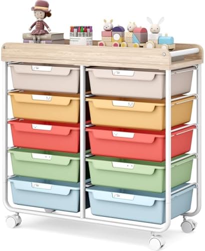 10 Drawer Rolling Storage Cart with Wood Top for Classroom Crafts Colorful by APEXCHASER