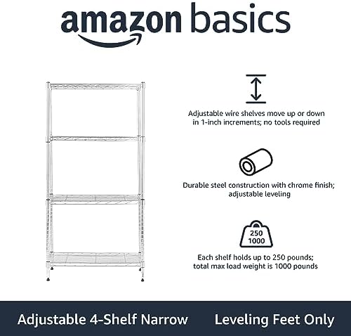 Amazon Basics 4-Shelf Adjustable Storage Shelving Unit for Garage, Steel Wire Rack, 200 Pound Loading Capacity per Shelf, 13.4"D x 23.2"W x 48"H, Chrome - Image 4